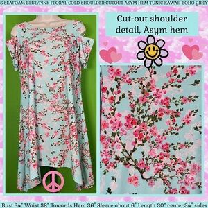 S SEAFOAM BLUE/PINK FLORAL TUNIC COLD SHOULDER CUTOUT ASYM HEM BOHO